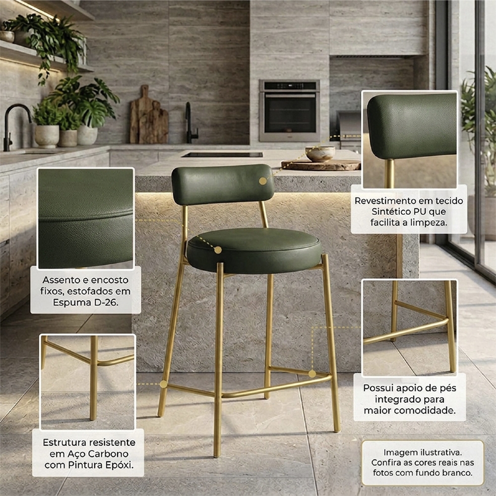Banqueta Cozinha Alta Kit 3 Torino Sintético Verde/Dorurado I01 - Mpozenato