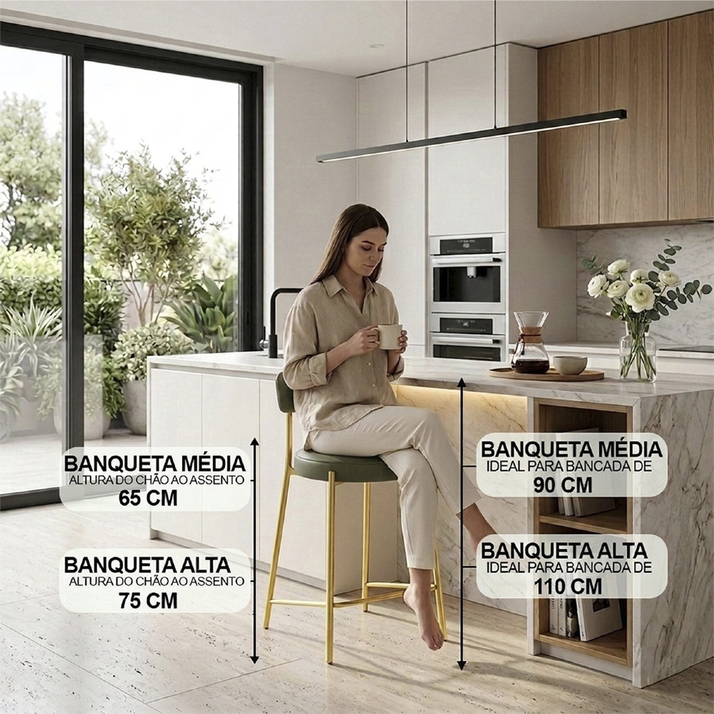 Banqueta Cozinha Média Torino Sintético Verde/Dorurado I01 - Mpozenato