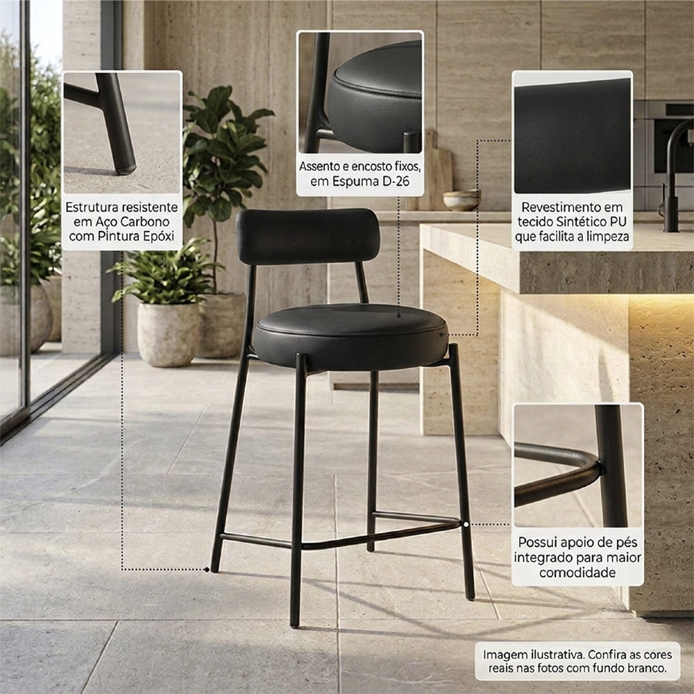 Banqueta Cozinha Média Estofada Kit 3 Torino Sintético Preto/Preto I01 - Mpozenato
