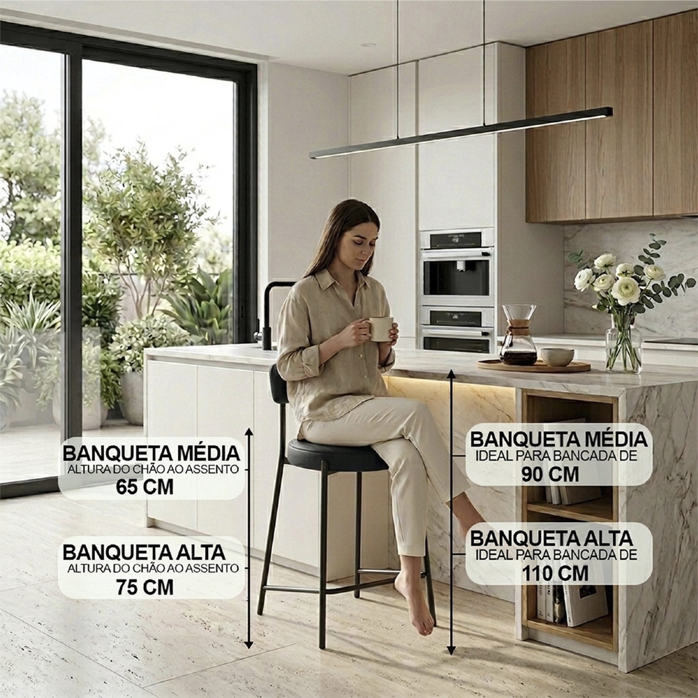 Banqueta Cozinha Alta Estofada Kit 4 Torino Sintético Preto/Preto I01 - Mpozenato