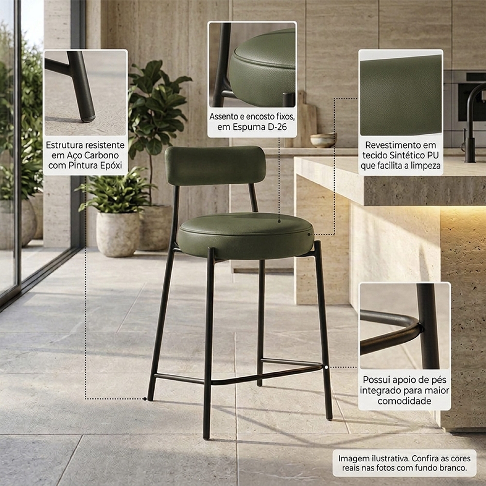 Banqueta Cozinha Média Estofada Kit 6 Torino Sintético Verde/Preto I01 - Mpozenato
