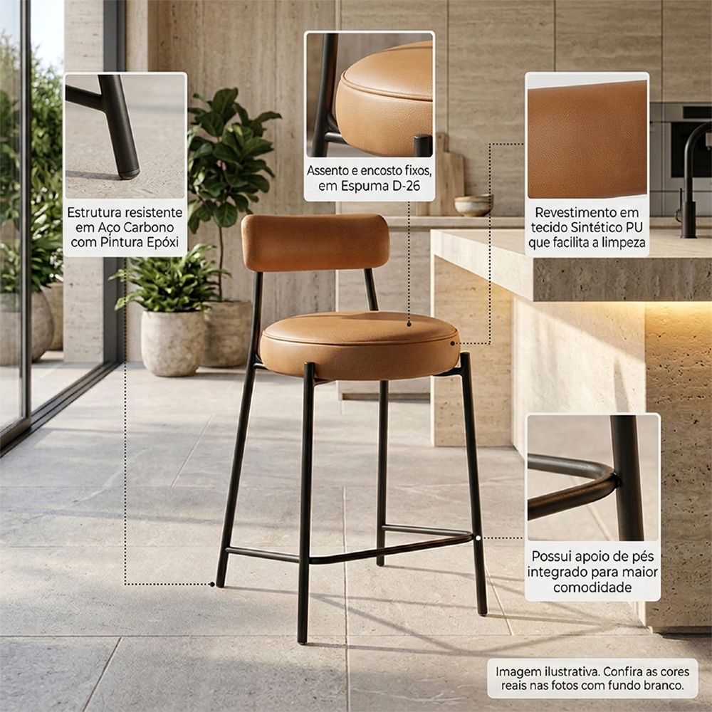 Banqueta Cozinha Média Estofada Kit 2 Torino Sintético Whisky/Preto I01 - Mpozenato
