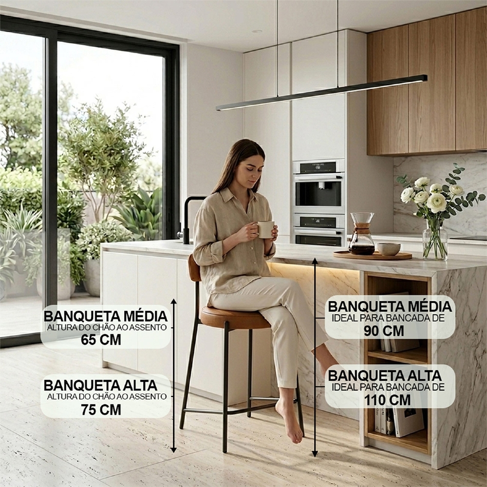 Banqueta Cozinha Média Estofada Kit 4 Torino Sintético Whisky/Preto I01 - Mpozenato