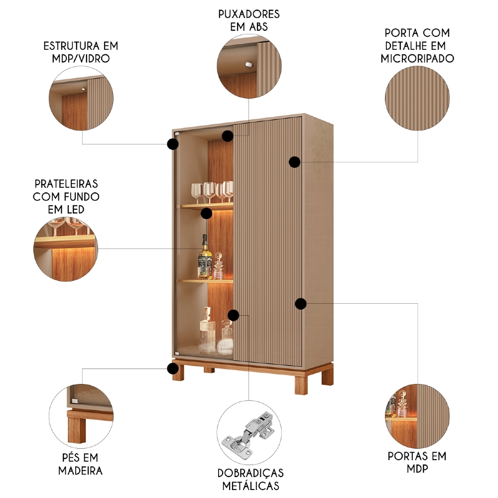 Cristaleira Porta de Vidro Com LED 90cm Lucca Areia/Freijó C01 - Mpozenato