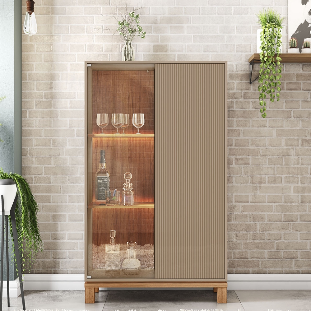 Cristaleira Porta de Vidro Com LED 90cm Lucca Areia/Freijó C01 - Mpozenato
