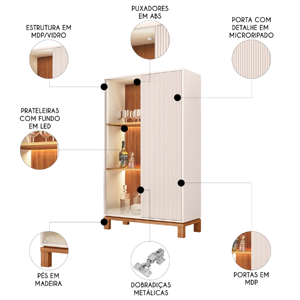 Cristaleira Porta de Vidro Com LED 90cm Lucca Off/Freijó C01 - Mpozenato