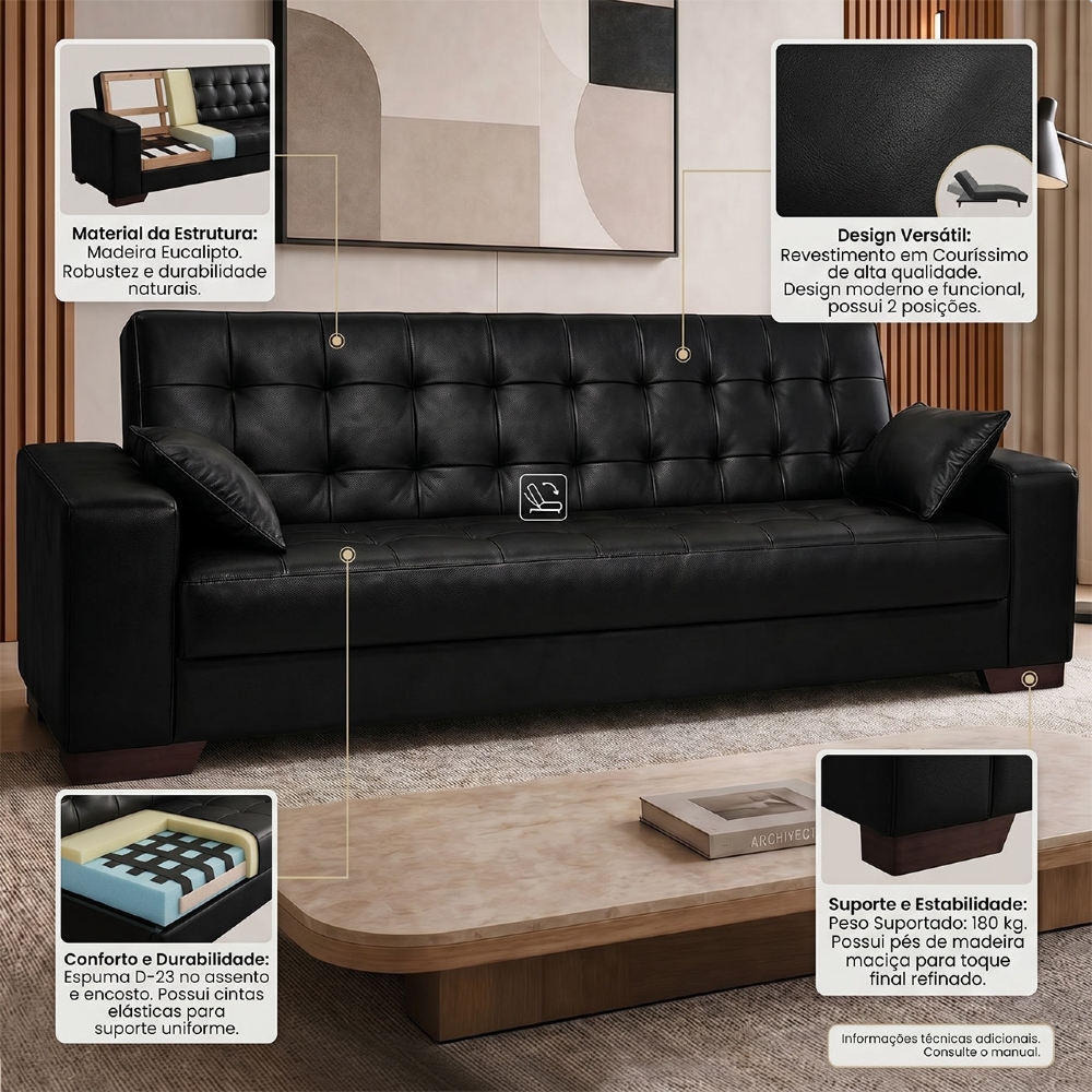 Sofá Cama para Sala de Estar Lisboa Couríssimo Preto - Ibiza