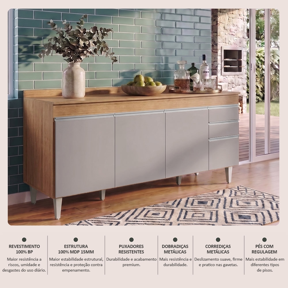 Balcão Gabinete 180cm com Tampo Dallas Castanho/Cinza - Lumil