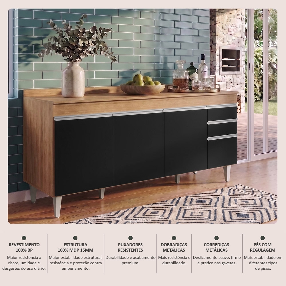 Balcão Gabinete 180cm com Tampo Dallas Castanho/Preto - Lumil