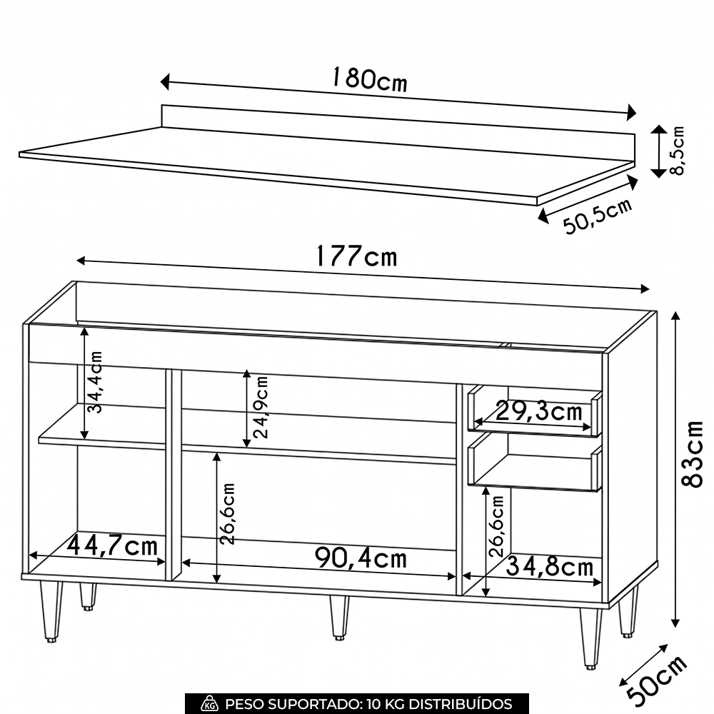 Balcão Gabinete 180cm com Tampo Dallas Castanho/Preto - Lumil
