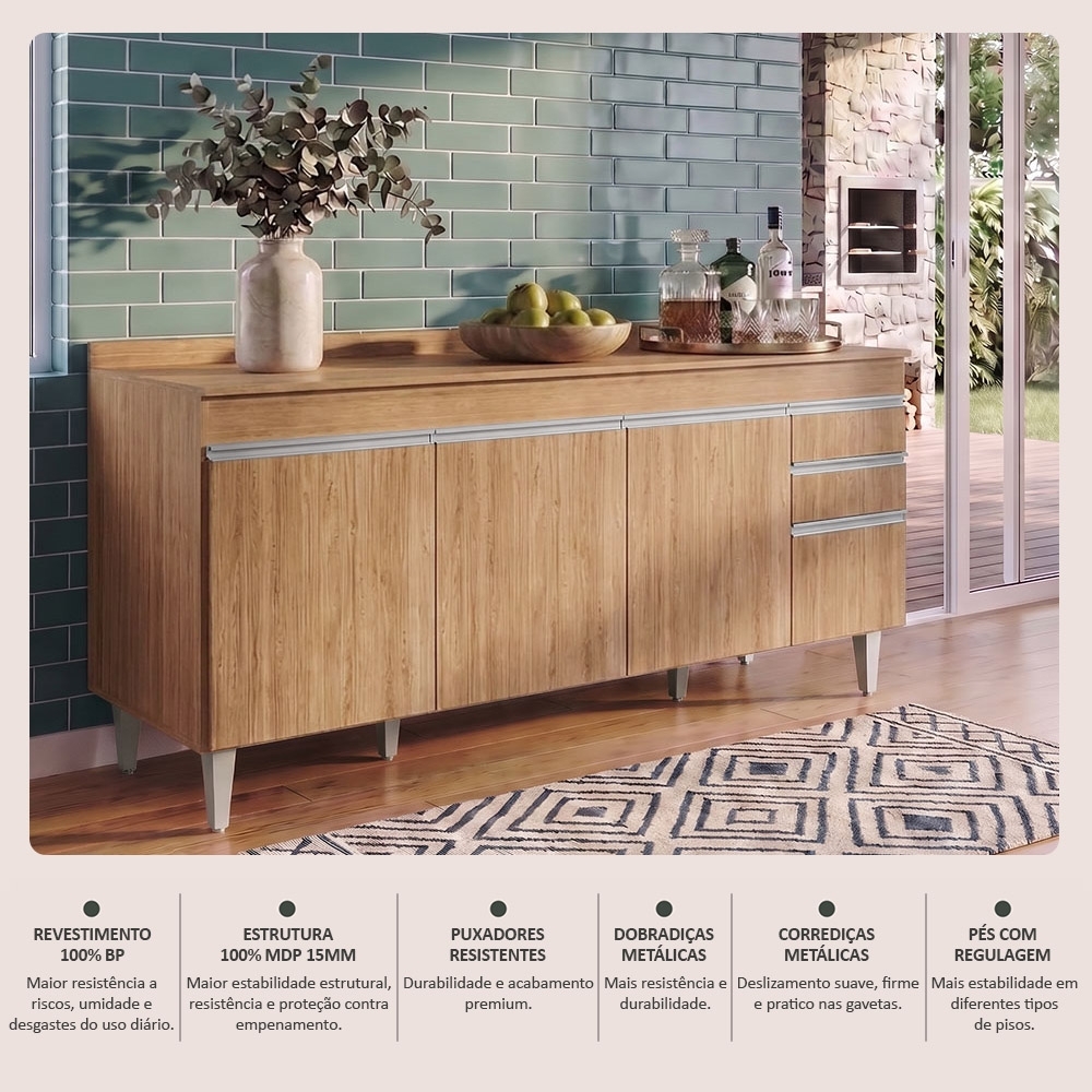 Balcão de Cozinha Para Pia Com Tampo 180cm Dallas Castanho  - Lumil