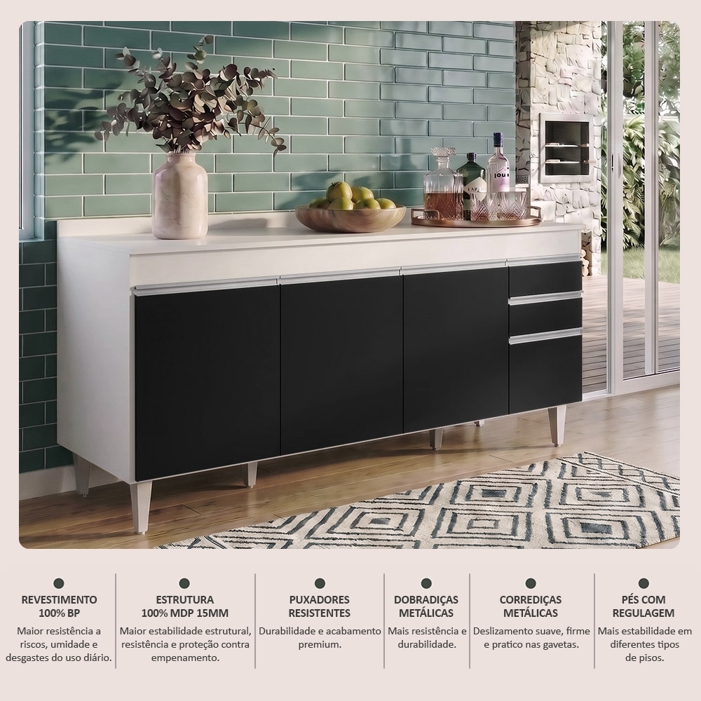 Balcão Gabinete 180cm com Tampo Dallas Branco/Preto - Lumil