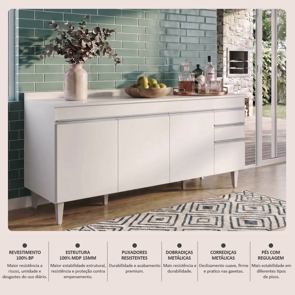 Balcão Gabinete 180cm com Tampo Dallas Branco - Lumil