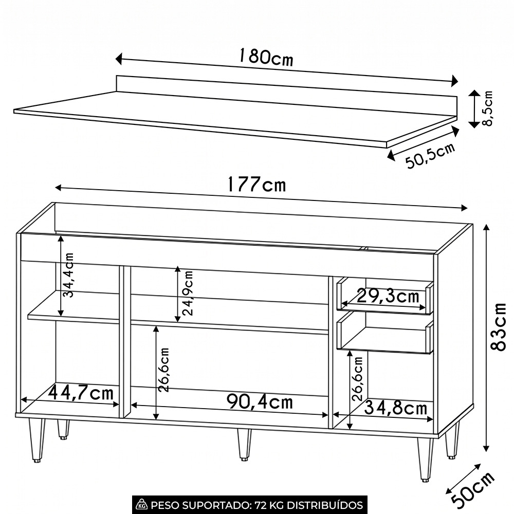 Balcão Gabinete 180cm com Tampo Dallas Branco - Lumil