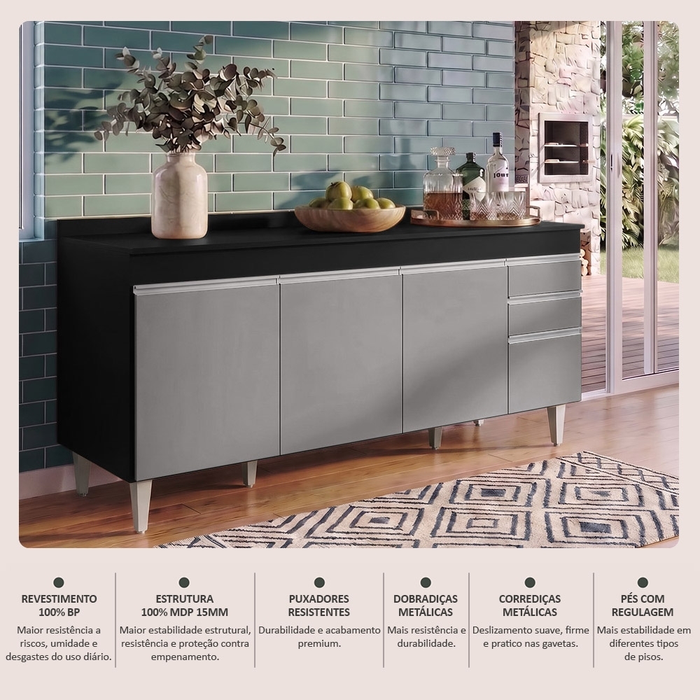Balcão Gabinete 180cm com Tampo Dallas Preto/Cinza - Lumil