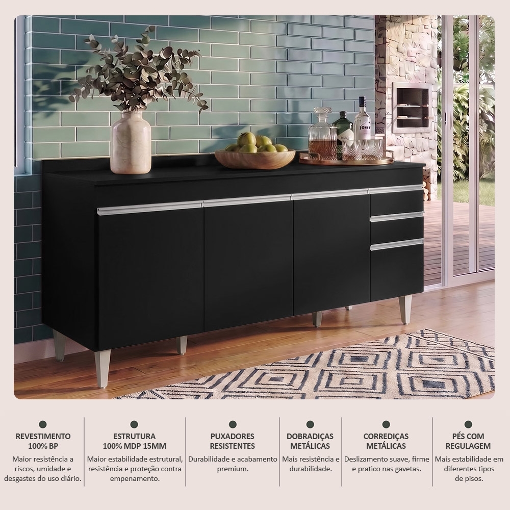 Balcão Gabinete 180cm com Tampo Dallas Preto - Lumil
