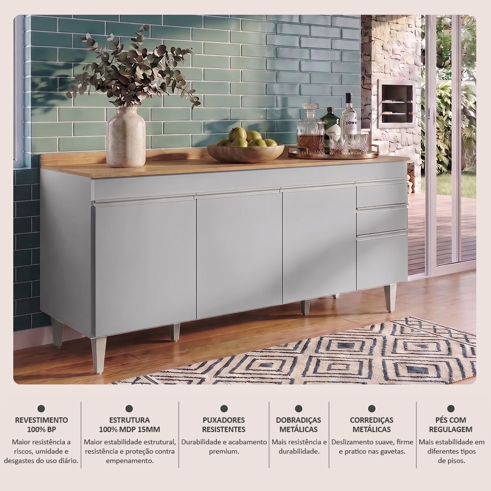 Balcão de Cozinha Para Pia 180cm com Tampo 4 Portas Dallas Cinza Claro/Castanho - Lumil