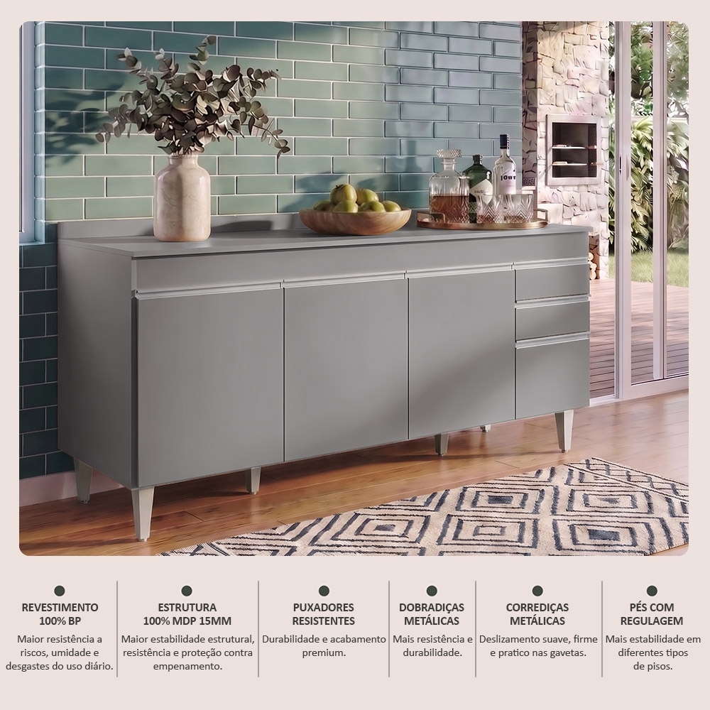 Balcão de Cozinha Para Pia Com Tampo 180cm Dallas Cinza     - Lumil