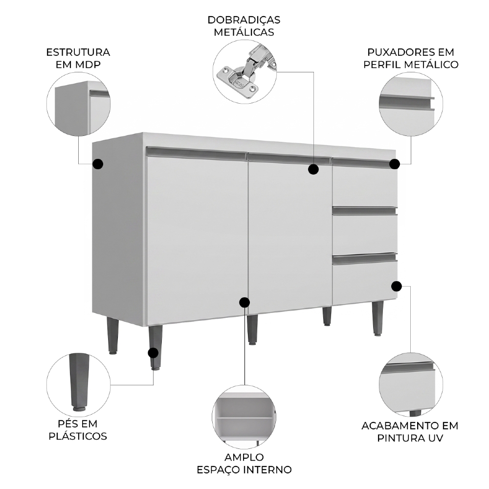 Balcão Gabinete Para Pia 120cm sem Tampo 2 Portas 3 Gavetas Andréia Branco - AJL Móveis