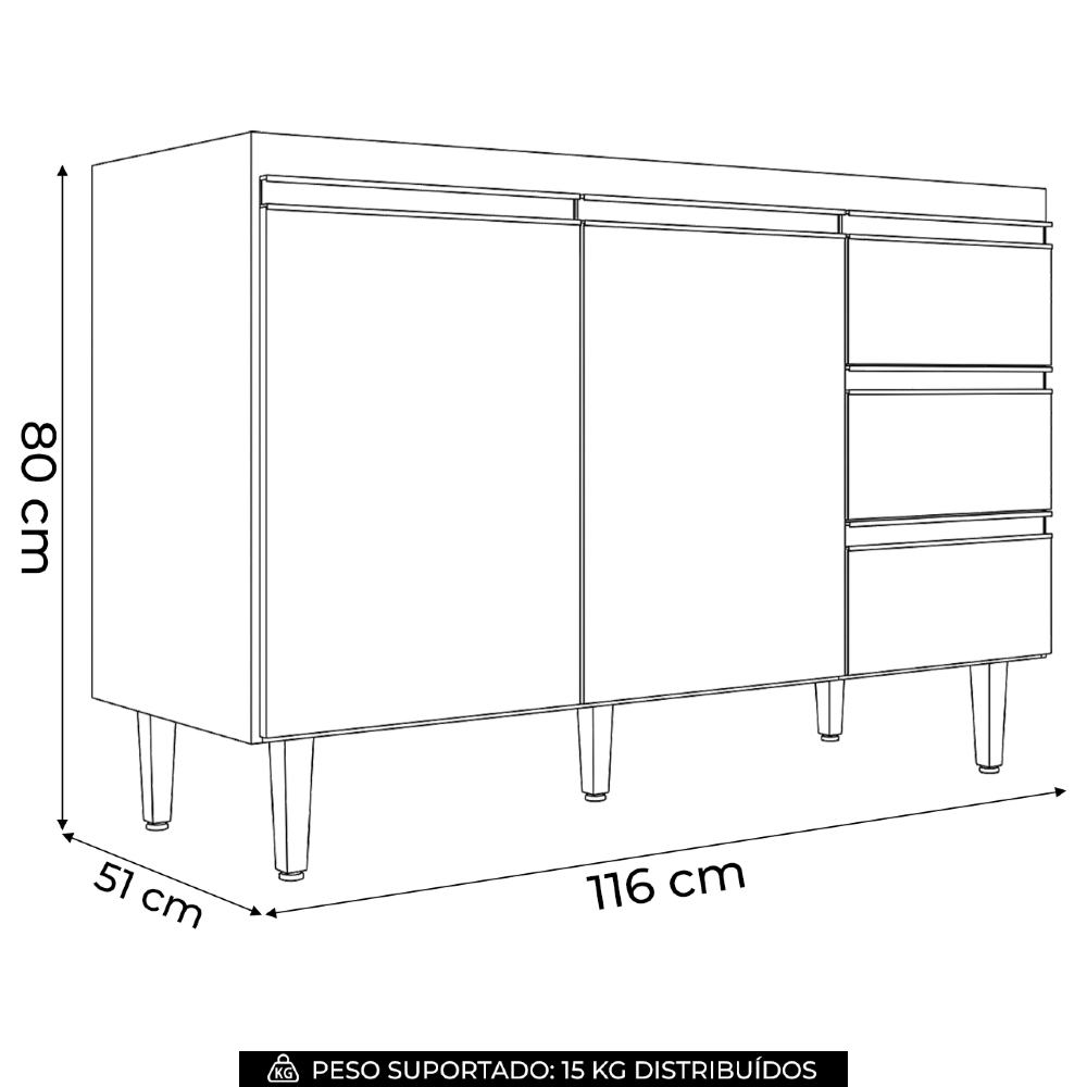 Balcão Gabinete Para Pia 120cm sem Tampo 2 Portas 3 Gavetas Andréia Branco - AJL Móveis