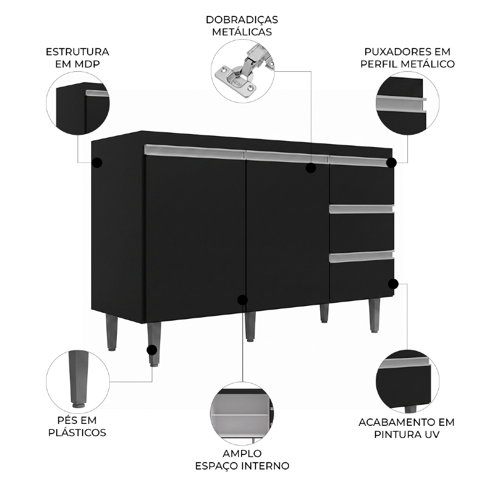 Balcão Gabinete Para Pia 120cm sem Tampo 2 Portas 3 Gavetas  Andréia Preto Total - AJL Móveis