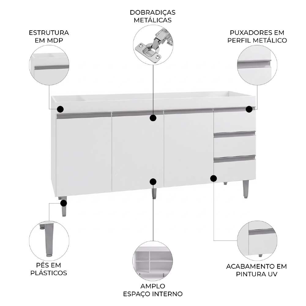 Balcão Gabinete Para Pia 160cm sem Tampo 3 Portas 3 Gavetas Andréia Branco - AJL Móveis