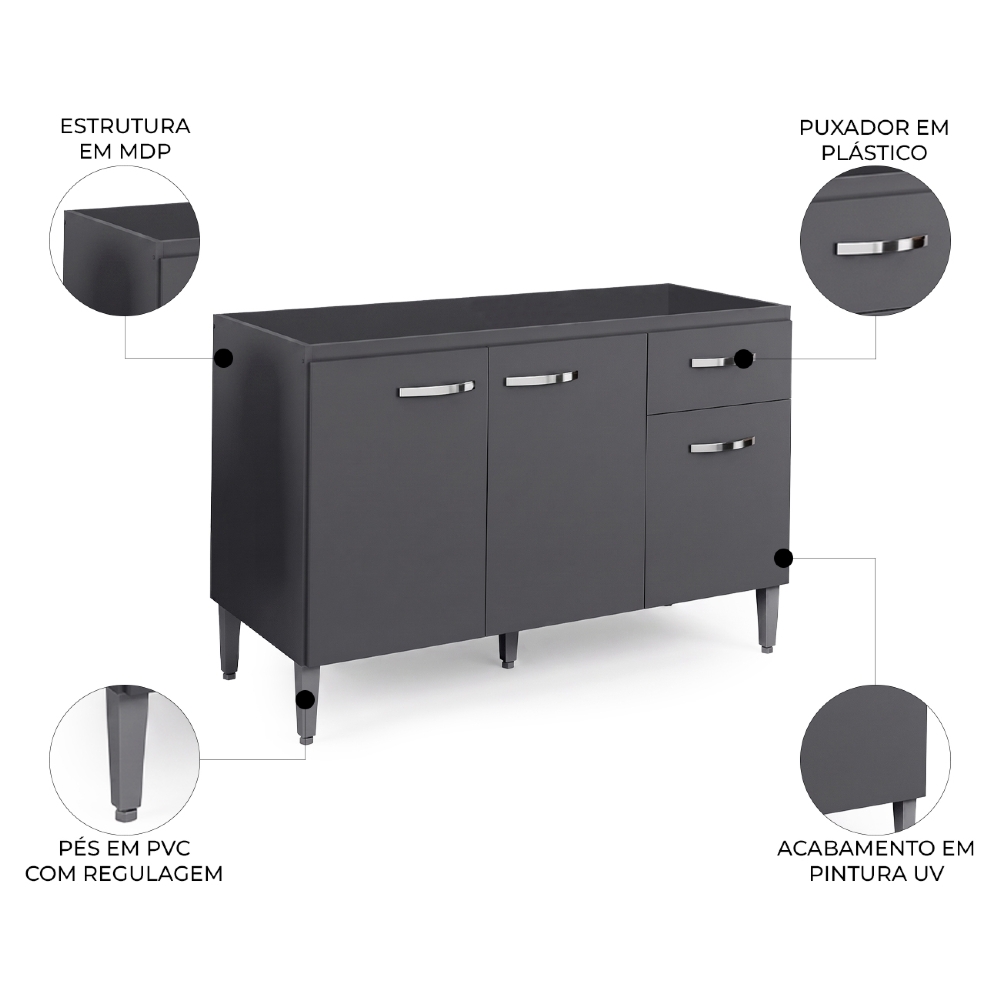 Balcão Gabinete Para Pia Sem Tampo 120cm 3 Portas e 1 Gaveta Gabriela Cinza - AJL Móveis