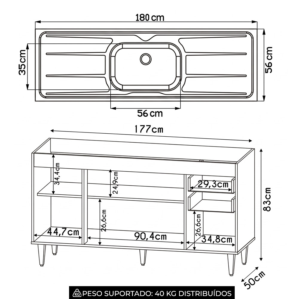 Balcão Gabinete Com Pia 180cm Dallas Castanho/Cinza - Lumil
