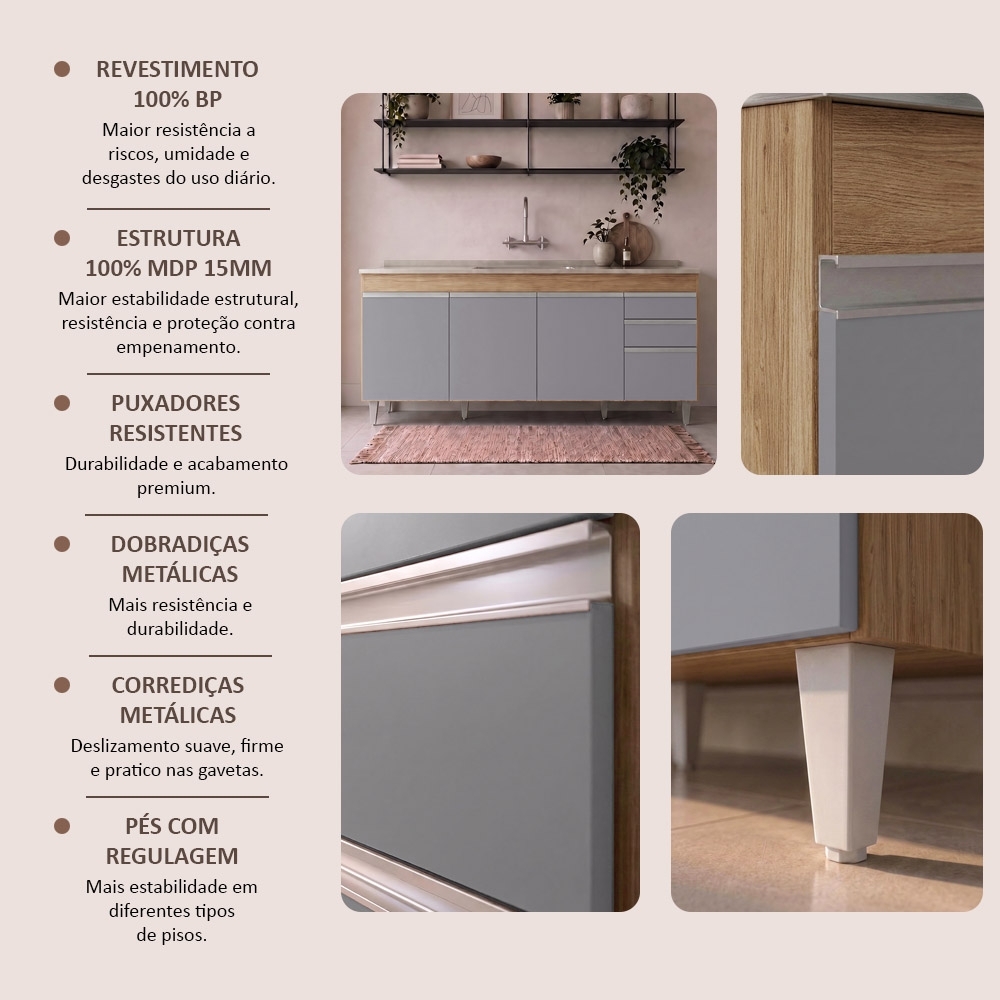 Balcão Gabinete Com Pia 180cm Dallas Castanho/Cinza - Lumil