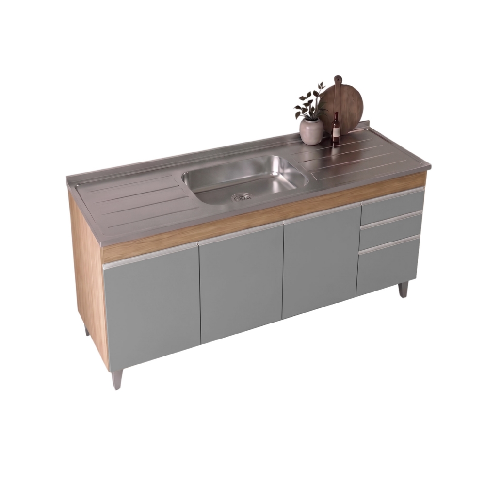 Balcão Gabinete Com Pia 180cm Dallas Castanho/Cinza - Lumil