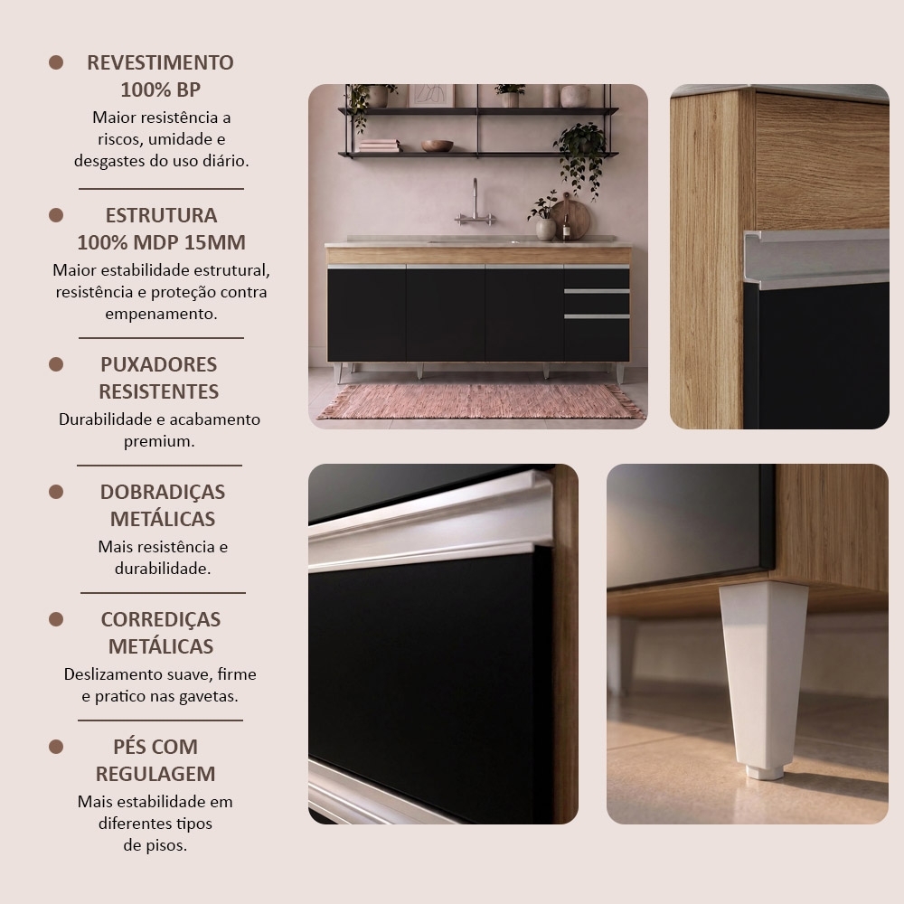 Balcão Gabinete Com Pia 180cm Dallas Castanho/Preto - Lumil