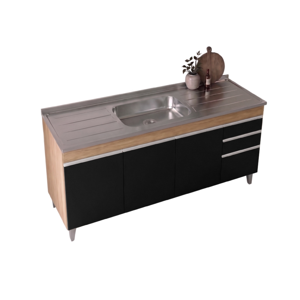 Balcão Gabinete Com Pia 180cm Dallas Castanho/Preto - Lumil