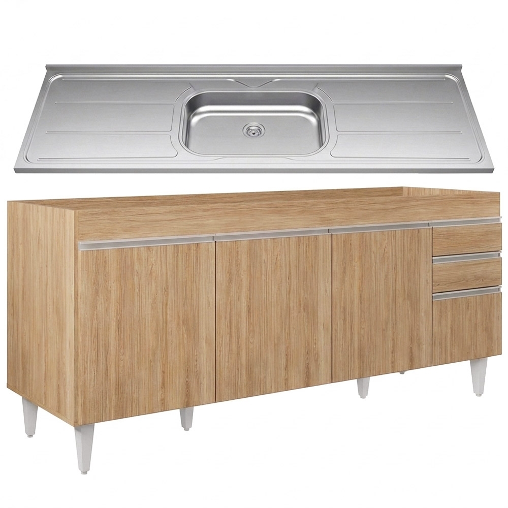 Balcão de Cozinha Com Pia Inox 180cm Dallas Castanho        - Lumil
