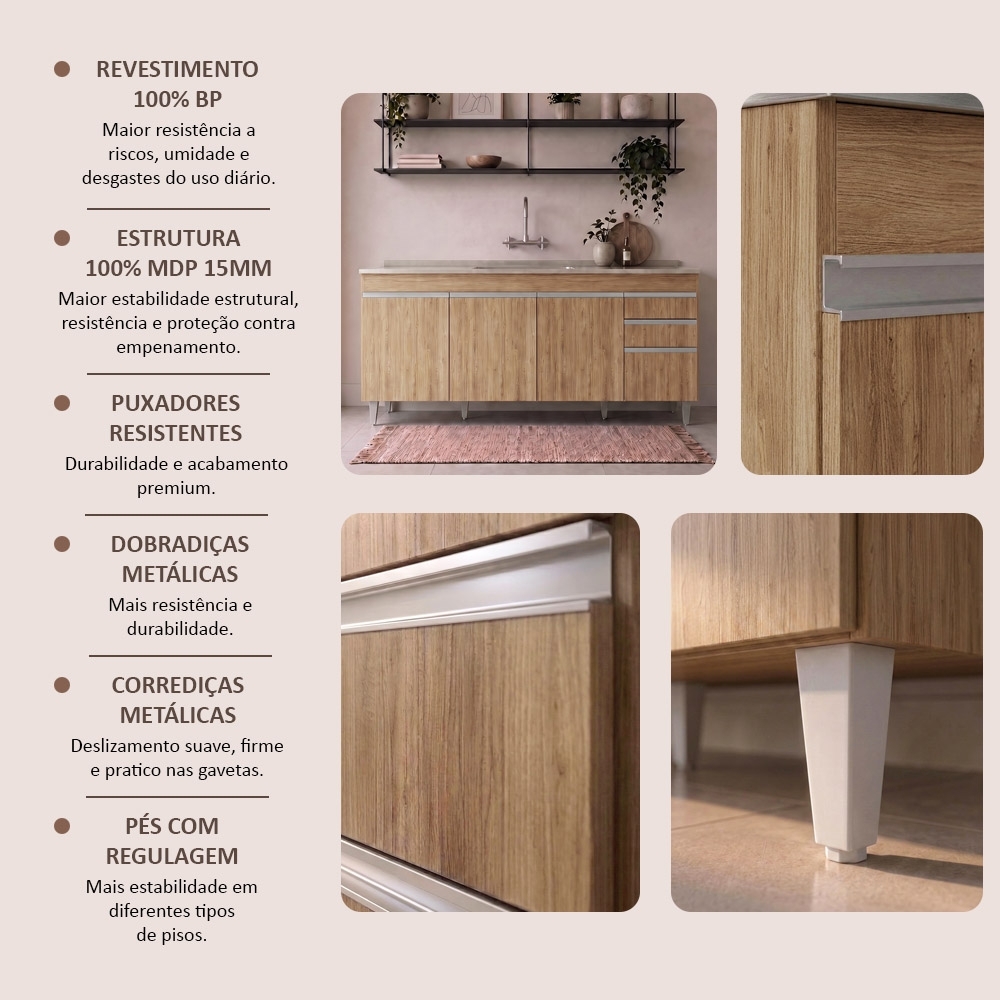 Balcão de Cozinha Com Pia Inox 180cm Dallas Castanho        - Lumil