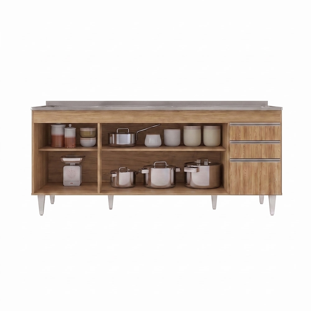 Balcão de Cozinha Com Pia Inox 180cm Dallas Castanho        - Lumil
