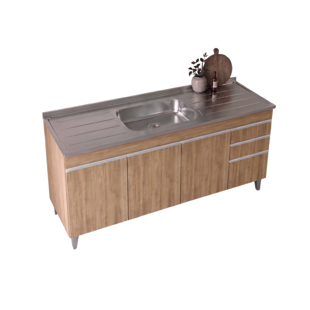 Balcão de Cozinha Com Pia Inox 180cm Dallas Castanho        - Lumil