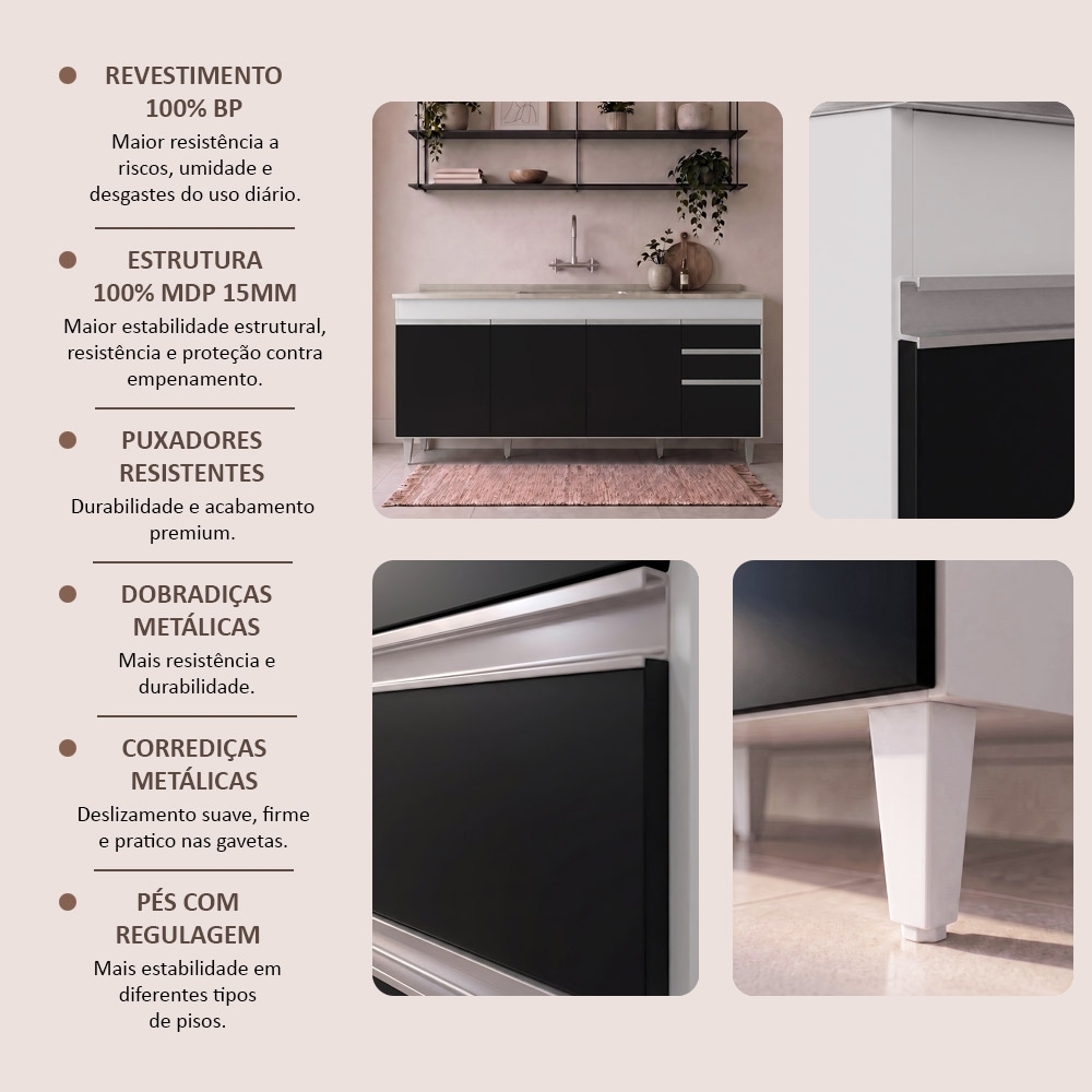Balcão Gabinete Com Pia 180cm Dallas Branco/Preto - Lumil