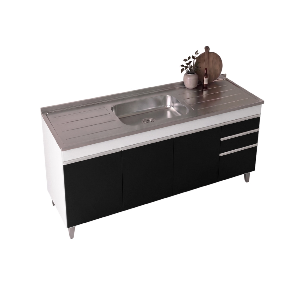 Balcão Gabinete Com Pia 180cm Dallas Branco/Preto - Lumil