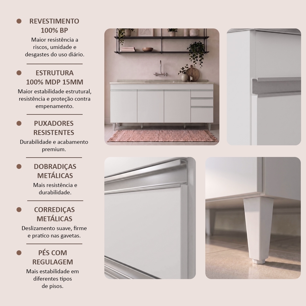 Balcão Gabinete Com Pia 180cm Dallas Branco - Lumil