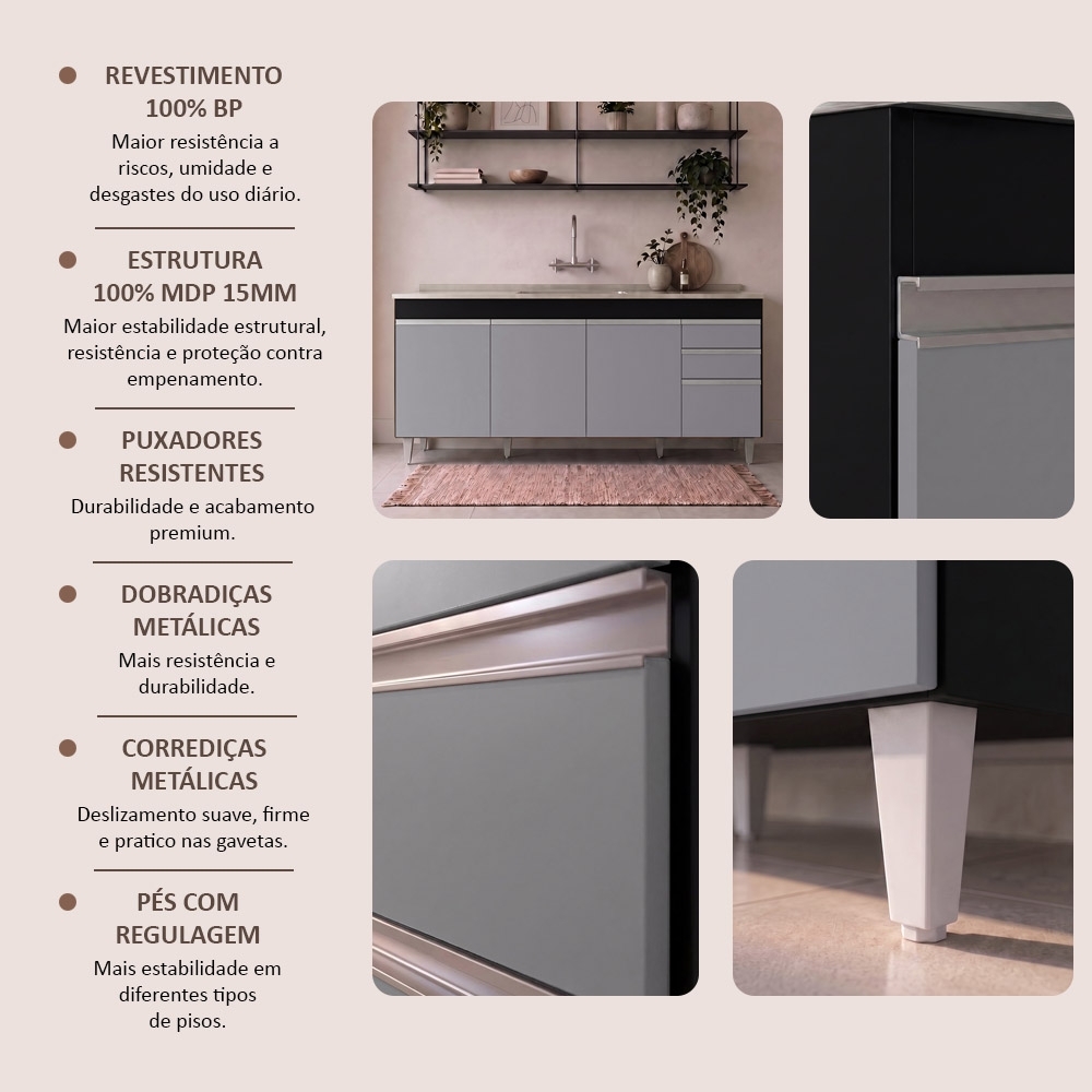 Balcão Gabinete Com Pia 180cm Dallas Preto/Cinza - Lumil