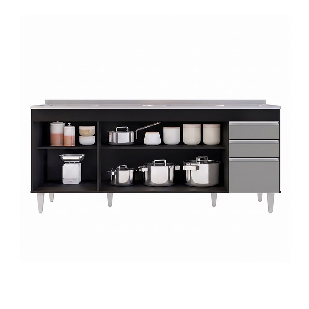 Balcão Gabinete Com Pia 180cm Dallas Preto/Cinza - Lumil