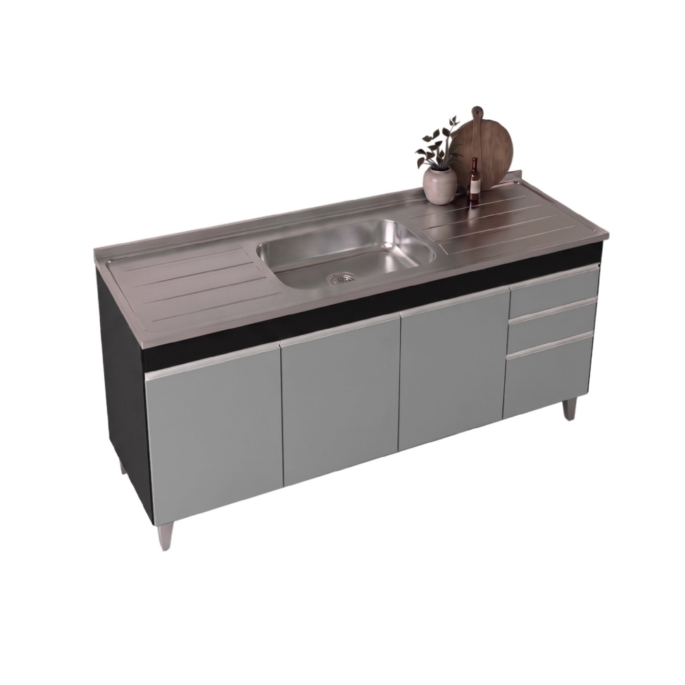 Balcão Gabinete Com Pia 180cm Dallas Preto/Cinza - Lumil
