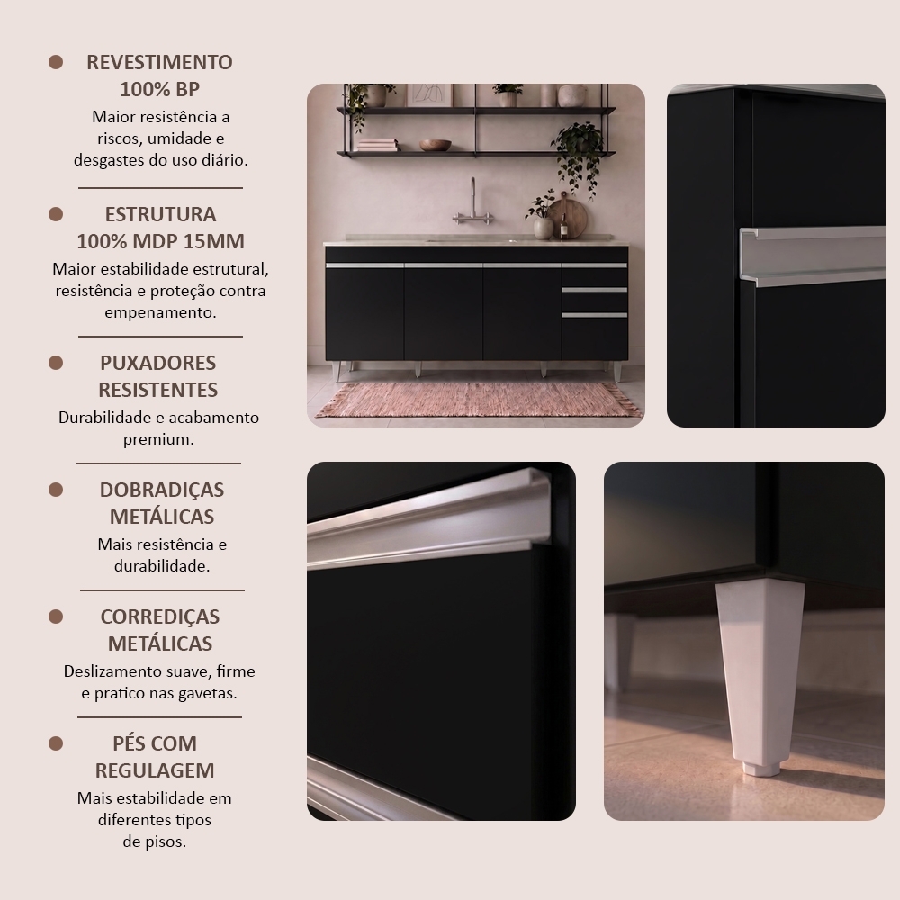Balcão Gabinete Com Pia 180cm Dallas Preto - Lumil