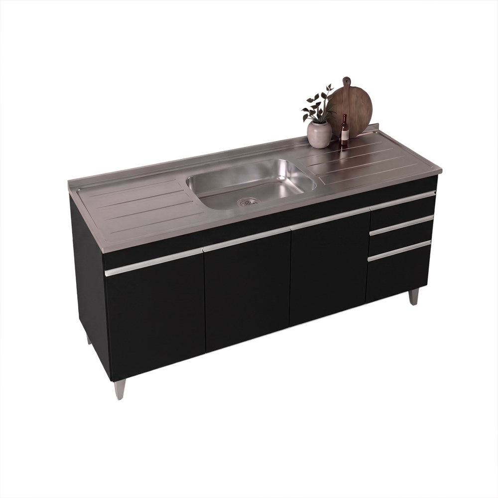 Balcão Gabinete Com Pia 180cm Dallas Preto - Lumil