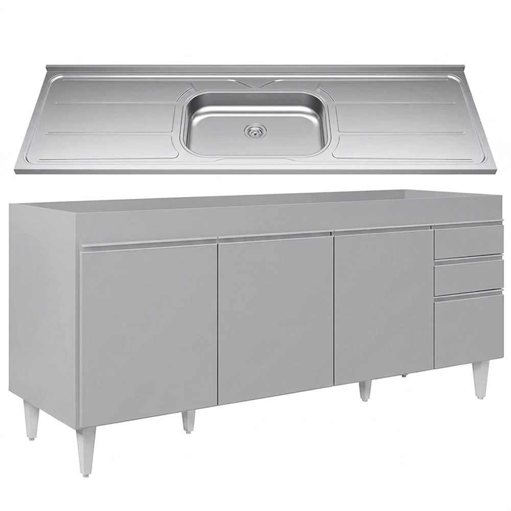 Balcão de Cozinha Com Pia Inox 180cm 4 Portas Dallas Cinza Claro - Lumil