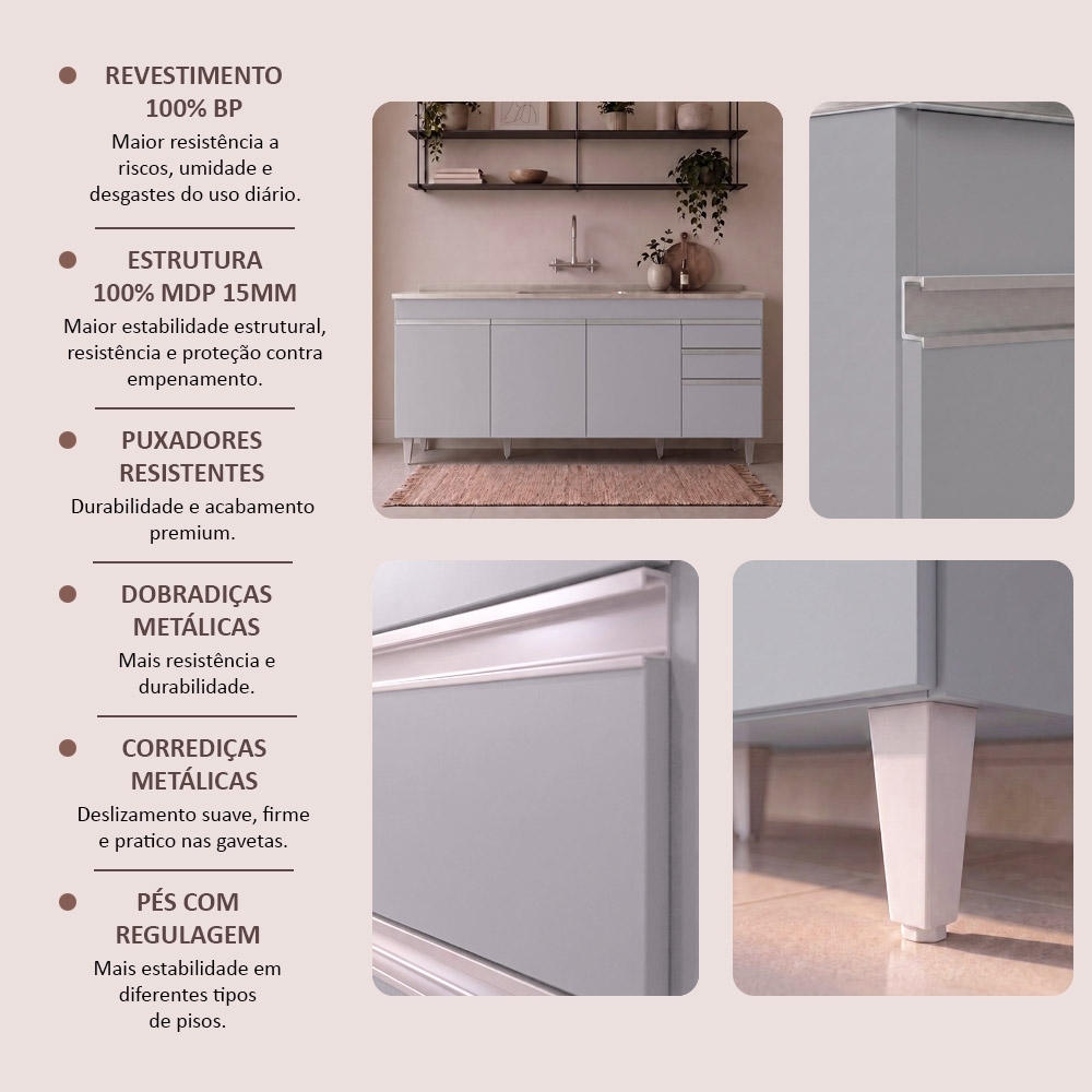 Balcão de Cozinha Com Pia Inox 180cm 4 Portas Dallas Cinza Claro - Lumil