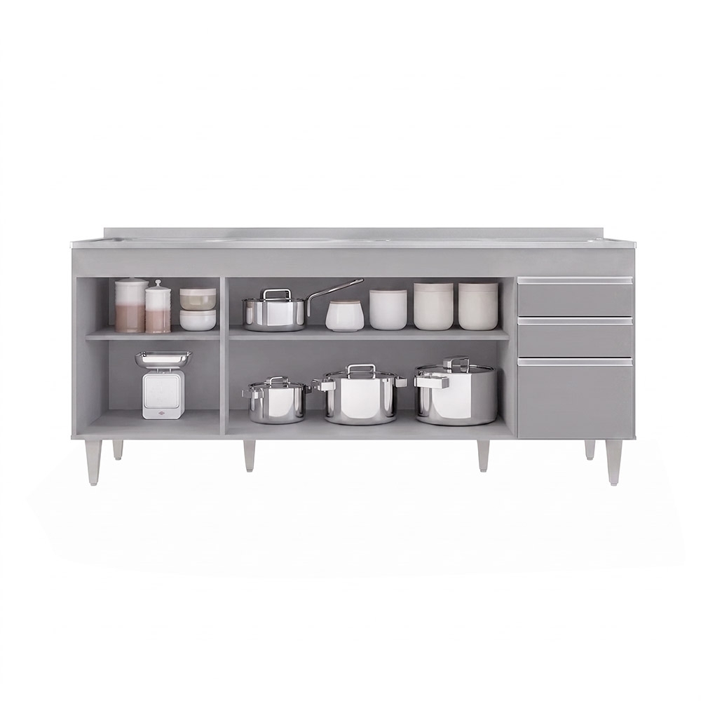 Balcão de Cozinha Com Pia Inox 180cm 4 Portas Dallas Cinza Claro - Lumil