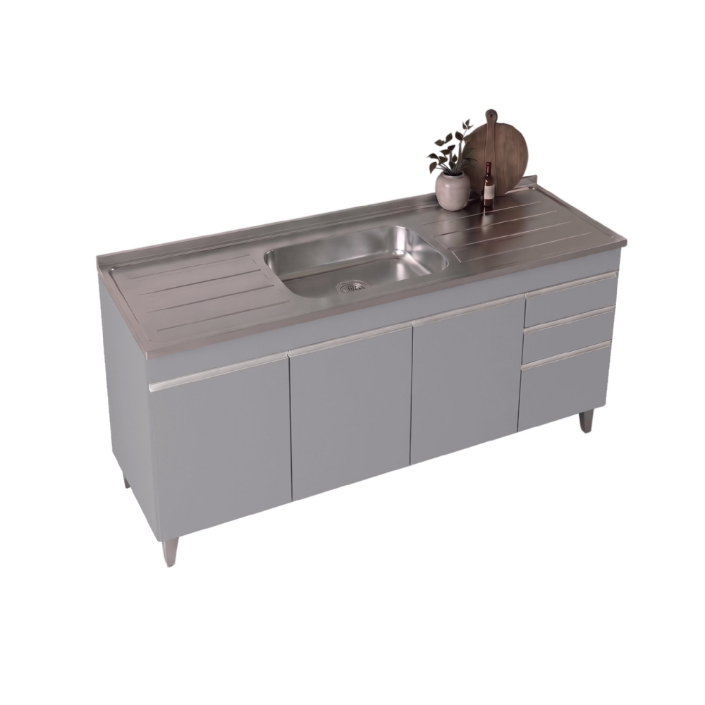 Balcão de Cozinha Com Pia Inox 180cm 4 Portas Dallas Cinza Claro - Lumil