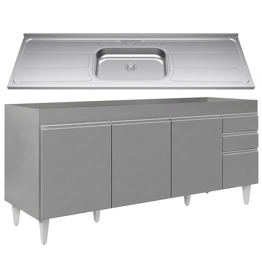 Balcão de Cozinha Com Pia Inox 180cm Dallas Cinza           - Lumil