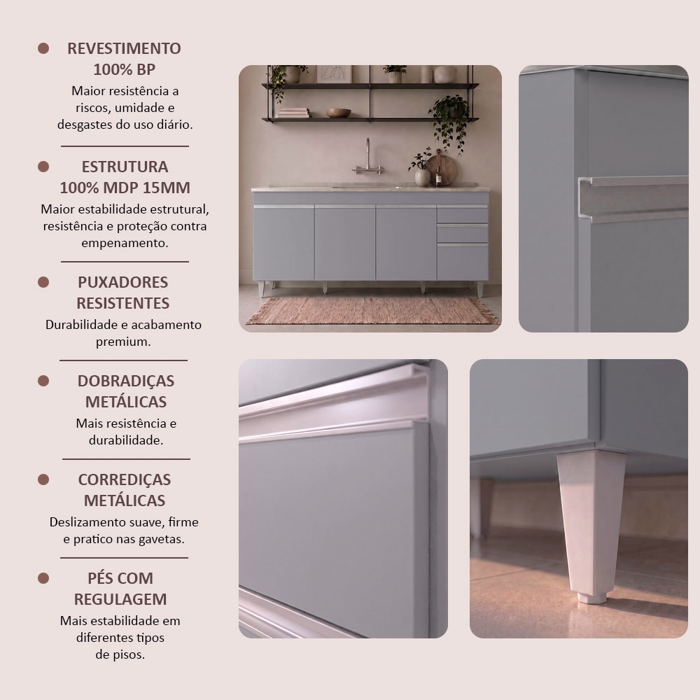 Balcão de Cozinha Com Pia Inox 180cm Dallas Cinza           - Lumil